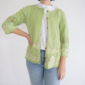 Christopher & Banks Green Knit Embroidered Summer Cottage Design Cardigan L